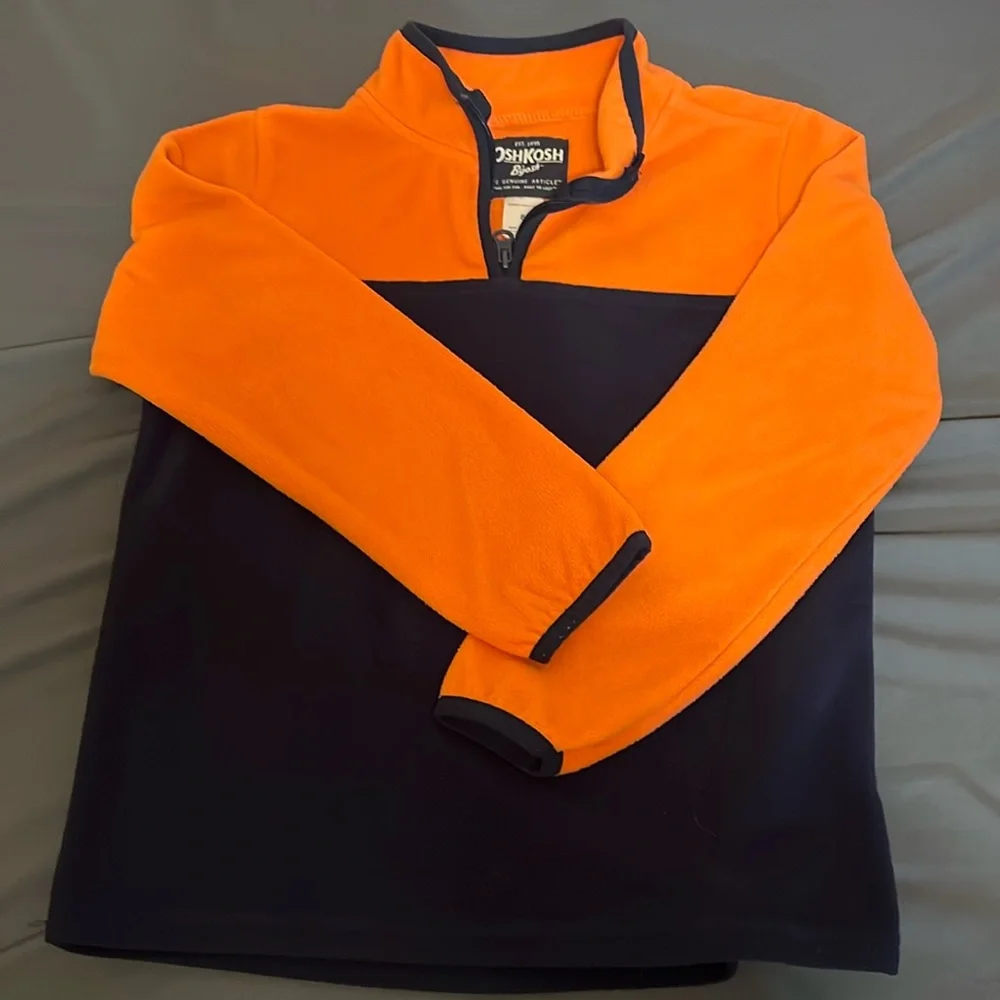Kids size 8 oshkosh pull over fleece hoodie orange navy boys girls